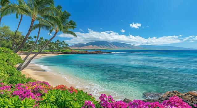 A tropical coastline with clear water and flowers
